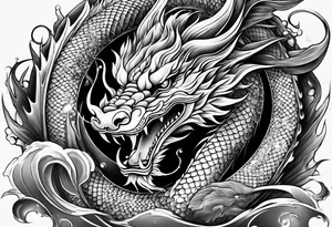 Chinese dragon, koi, water, black, shoulder tattoo idea