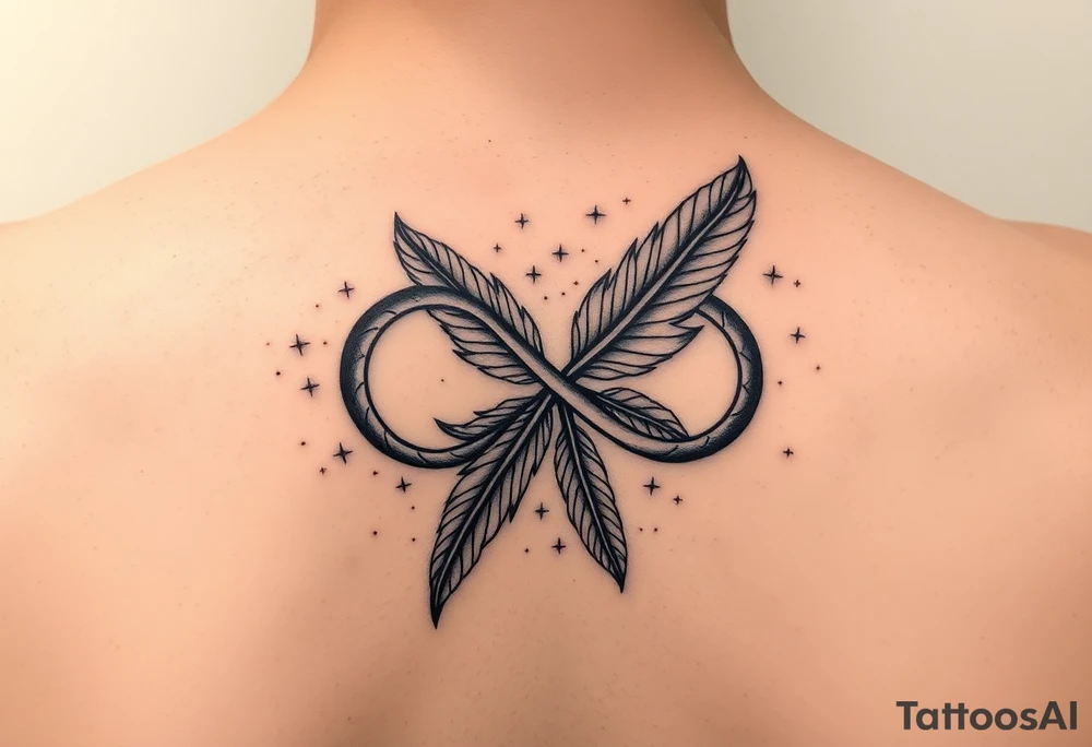 A sketch of the infinity symbol woven with floating feathers and stardust tattoo idea