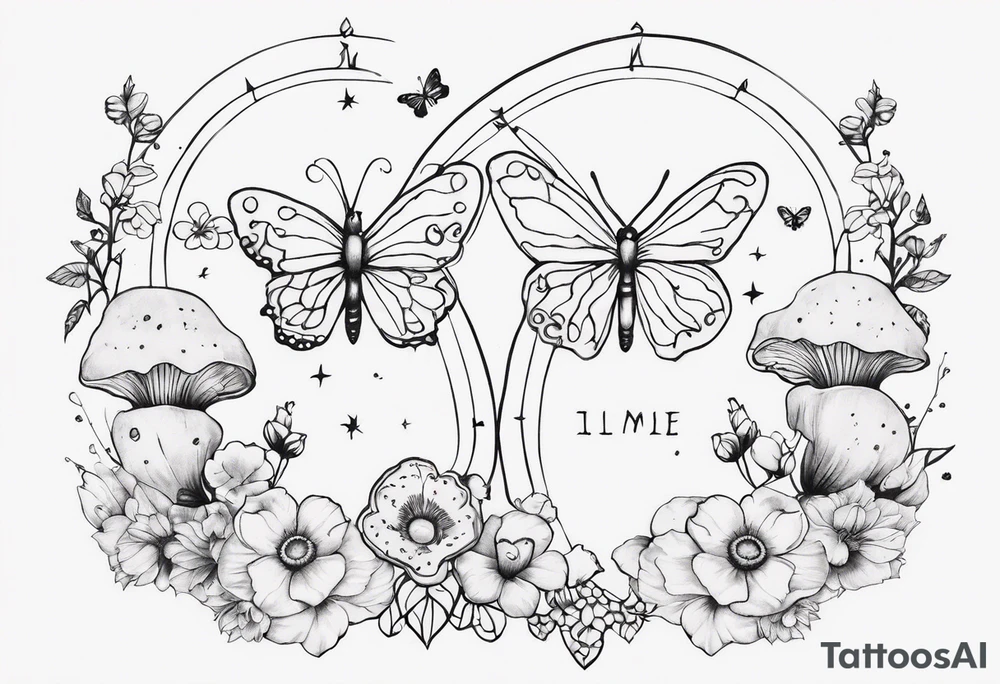 Gemini Zodiac with mushrooms and buterflies and flowers tattoo idea