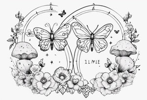Gemini Zodiac with mushrooms and buterflies and flowers tattoo idea