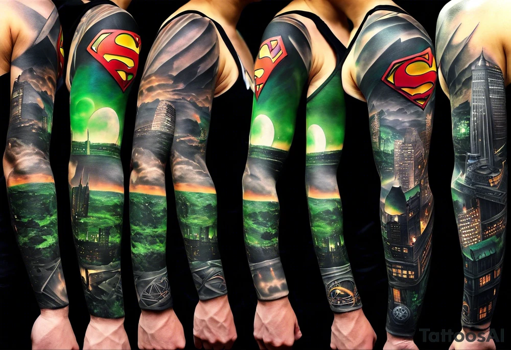 Full arm sleeve tattoo extending from shoulder to wrist featuring the Superman shield, Batman emblem, Green Lantern Corp emblem, Star Wars Rebel Alliance emblem, the Death Star. I'd like the area filled around to resemble landscape and architecture from Lord of the Rings tattoo idea