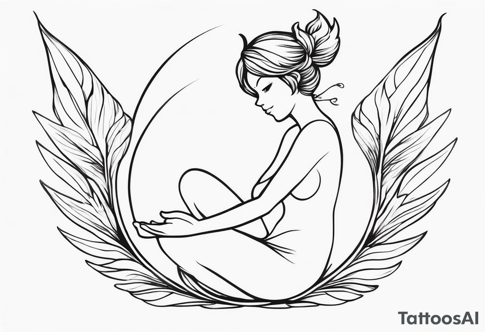 Minimalistic, monochromatic fairy with a tail flying to the left in a fetal position, leaning and looking in the same direction, with visible hands, embodying the 'Fairy Tail' logo aesthetic. tattoo idea