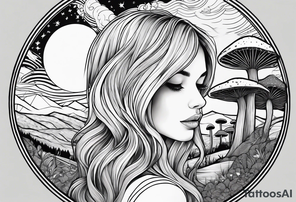 Straight blonde hair girl facing away toward mountains surrounded by mushrooms crescent moon mandala circular design black and white striped dress tattoo idea