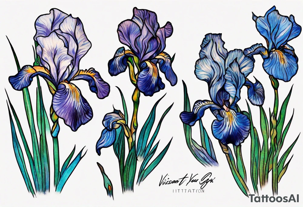 Small Vincent van Gogh Irises tattoo, delicate and intricate linework, vibrant and rich colors, fine art tattoo, detailed petals, high quality, elegant and feminine, upper chest placement, professional tattoo design, realistic style, vivid colors, soft shading, fine details, professional execution, delicate and artistic, small size, realistic interpretation tattoo idea