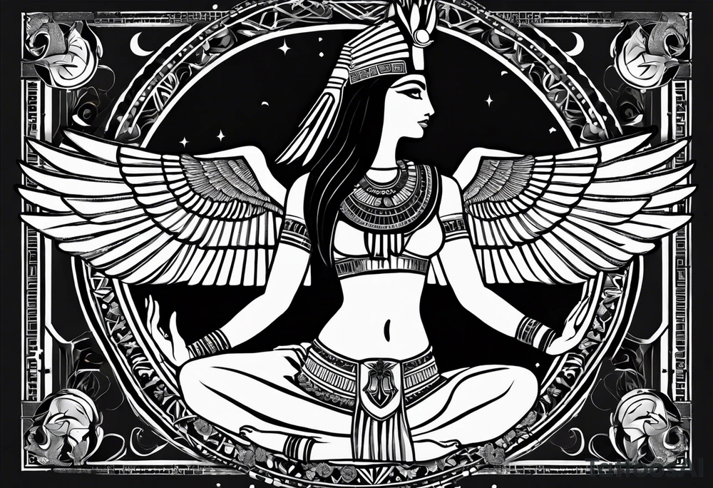 black and white Egyptian goddess Isis, who is often depicted as a woman with outstretched wings, holding an ankh (a symbol of life) in one hand and a lotus flower in the other. Her headdress often includes a throne or a solar disk. The tattoo design can vary in style and size, but it typically aims to capture the essence of this revered Egyptian deity, emphasizing her beauty, power, and maternal qualities. The choice of colors and additional elements can also be customized to create a unique and visually striking representation of the goddess Isis tattoo idea
