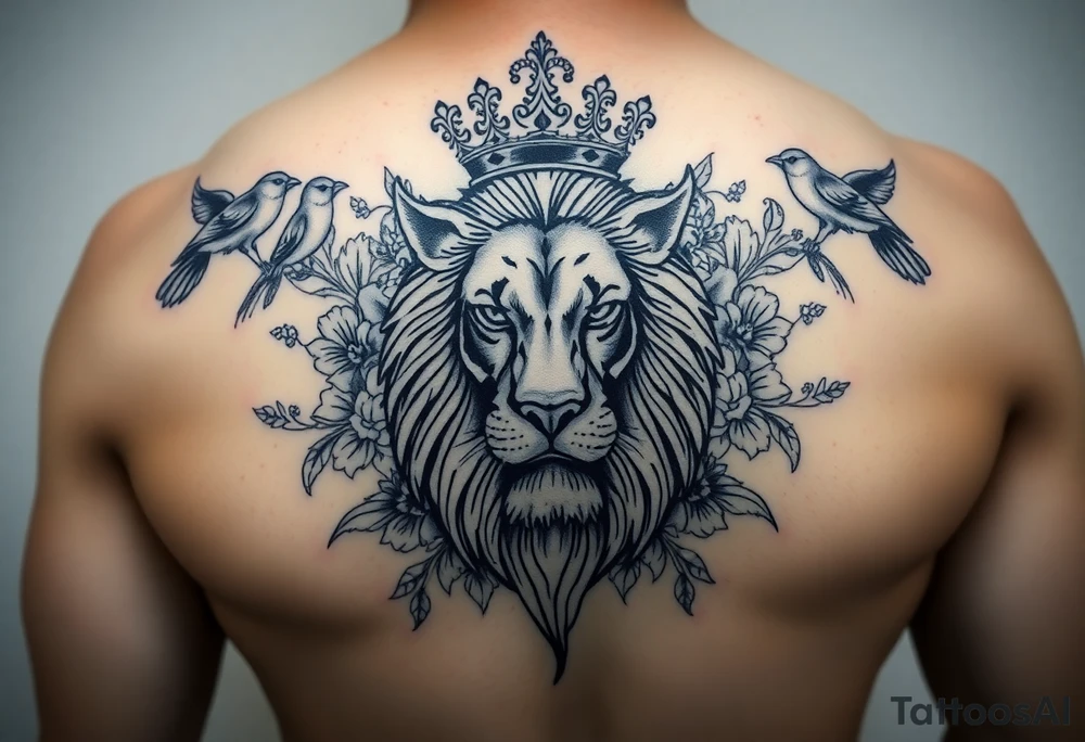 powerful majestic lion with a crown, surrounded by floral ornaments and birds tattoo idea