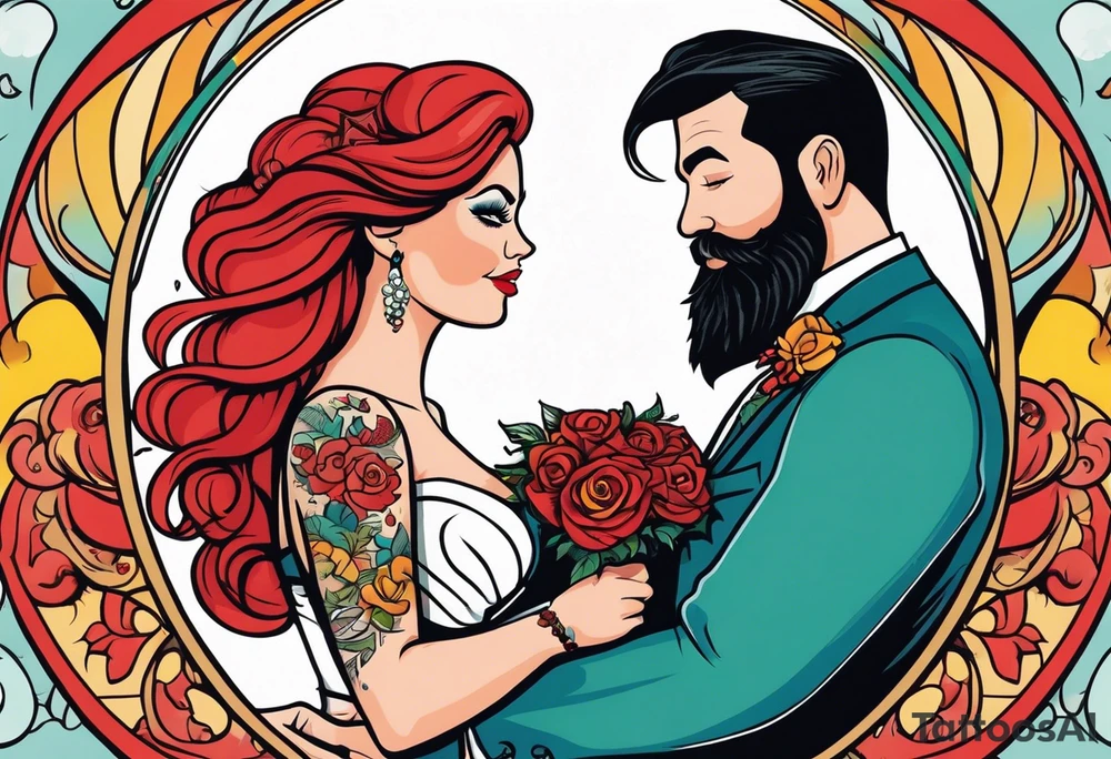 Busty red haired woman with a bearded man who has black hair getting married tattoo idea