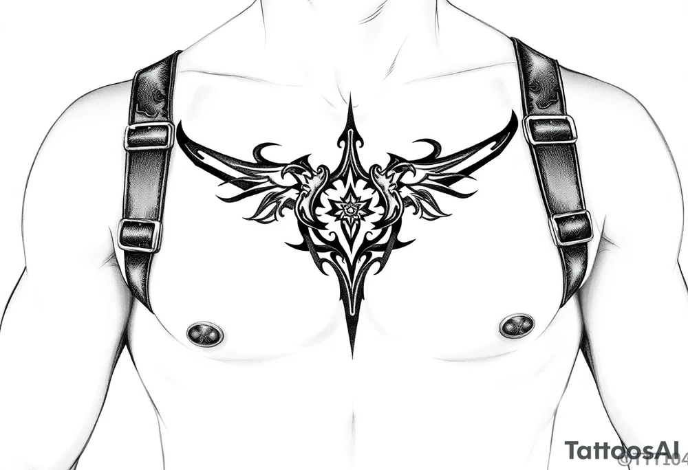 straps around arms and shouldrs with tribal design tattoo idea