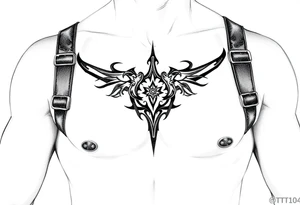straps around arms and shouldrs with tribal design tattoo idea