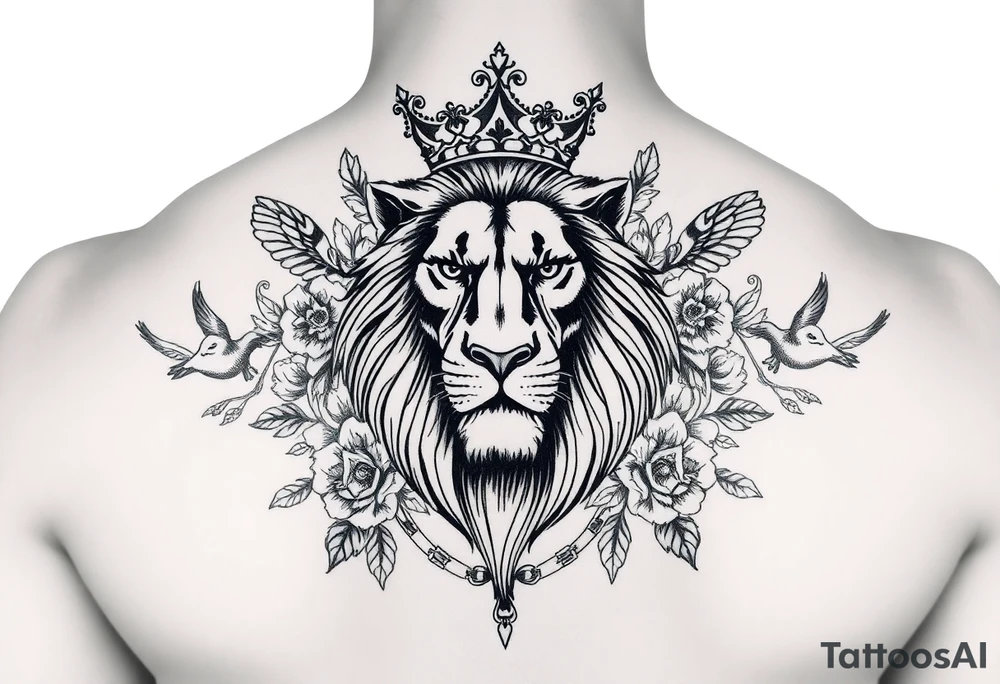 powerful majestic lion with a crown, surrounded by floral ornaments and birds tattoo idea