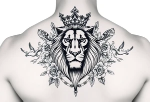 powerful majestic lion with a crown, surrounded by floral ornaments and birds tattoo idea