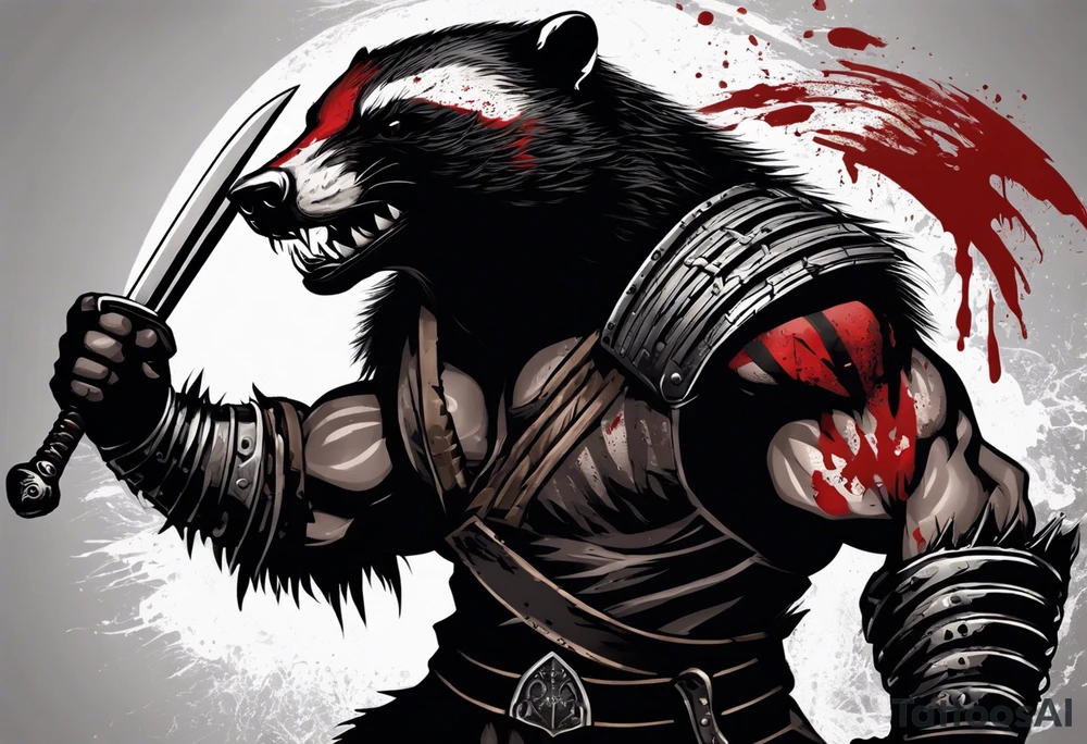 Draw me psychopath Honey Badger/Berserker with aggressive full body, killer face with a scary smile, very long nails and he attacks like a Bloody Assassin/Warrior/Gladiator to us and also, he has very deadly looking. He fights with his nails. Everybody scares after their first sight. Give me horror type Badger Tattoo. I want to see his Realistic full body with no weapons. You can show destruction. tattoo idea