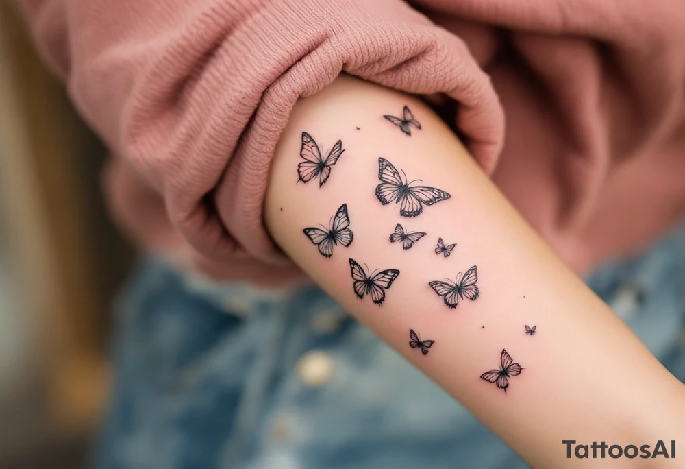 Tattoo of about 10 butterflies that look 3d with lines
 and different sizes spaced out between wrist and elbow tattoo idea