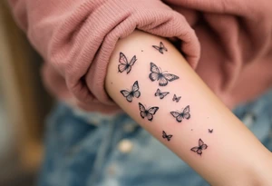 Tattoo of about 10 butterflies that look 3d with lines
 and different sizes spaced out between wrist and elbow tattoo idea