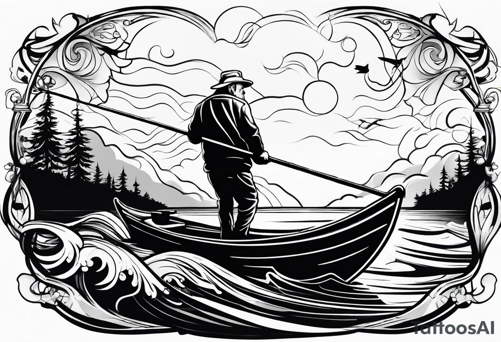 Old man fishing on boat tattoo idea