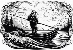 Old man fishing on boat tattoo idea