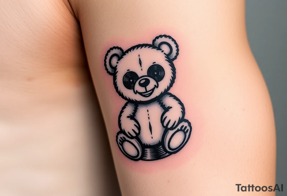 minimalist teddy bear with vinyl records as eyes smiling and sitting on a record tattoo idea