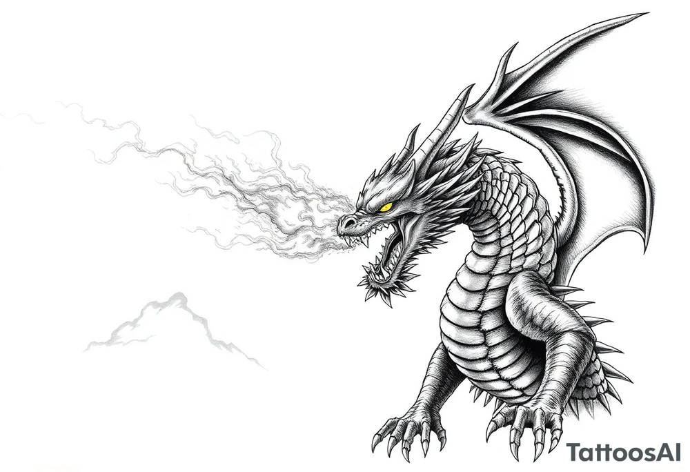 fierce dragon breathing iridescent fire against stormy skies tattoo idea