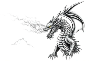 fierce dragon breathing iridescent fire against stormy skies tattoo idea
