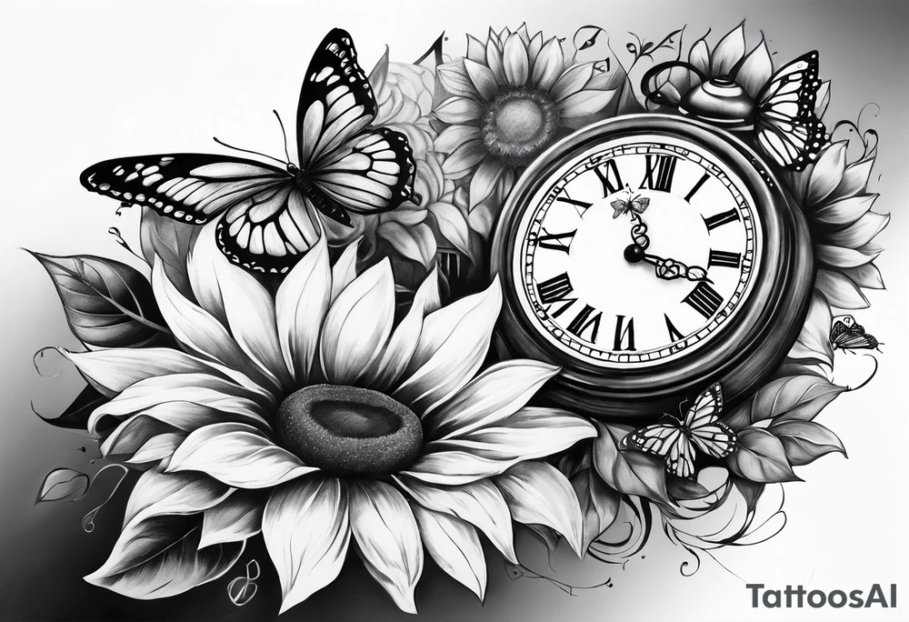 Sleeve with clock, sunflower and butterflies tattoo idea