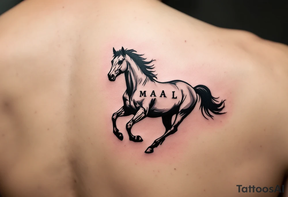 horse silhouette 
from the front which gallops from the front, with the 3 small letters discreetly integrated: M, A, L tattoo idea