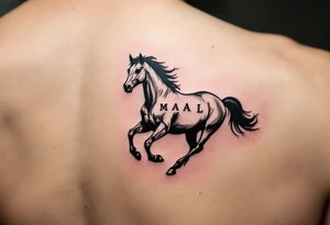 horse silhouette 
from the front which gallops from the front, with the 3 small letters discreetly integrated: M, A, L tattoo idea