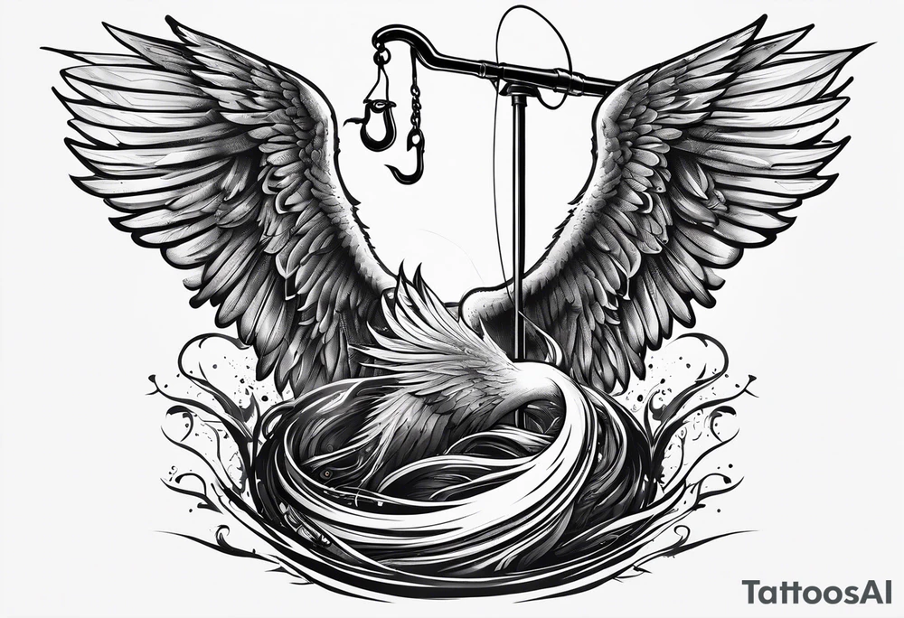 fishing pole and hook with halo and wings tattoo idea
