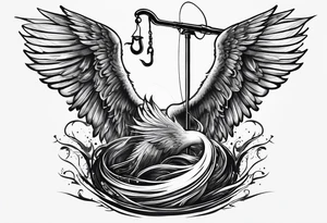 fishing pole and hook with halo and wings tattoo idea