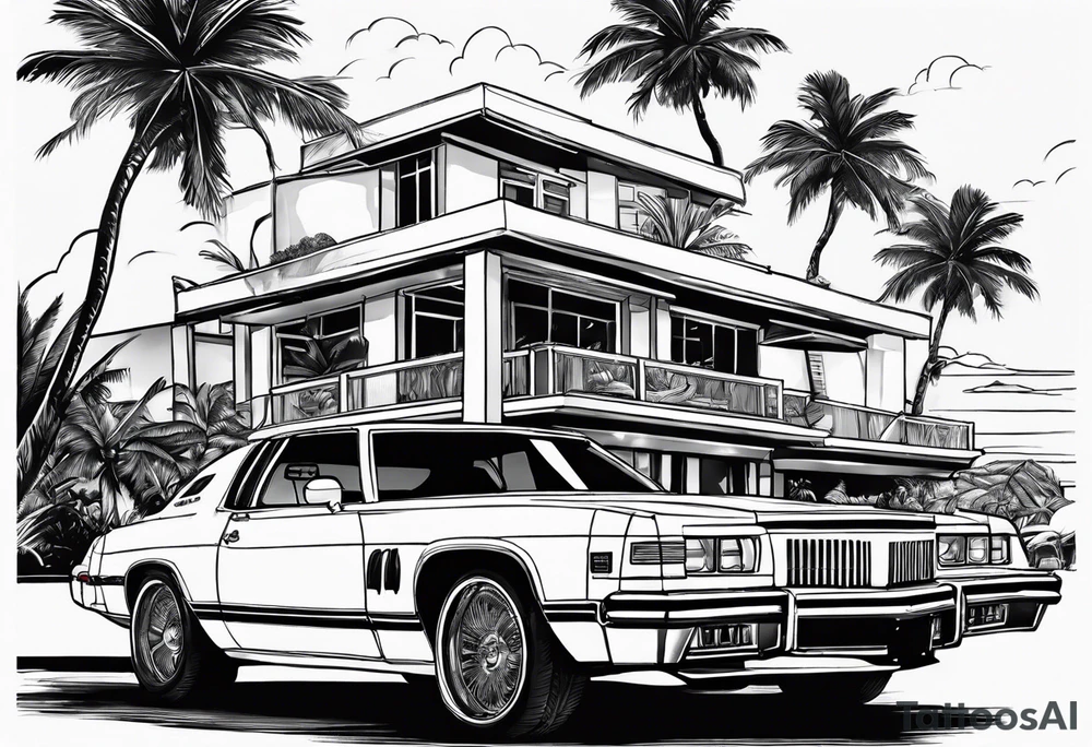 miami vice style beach party, no cars tattoo idea