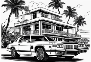miami vice style beach party, no cars tattoo idea