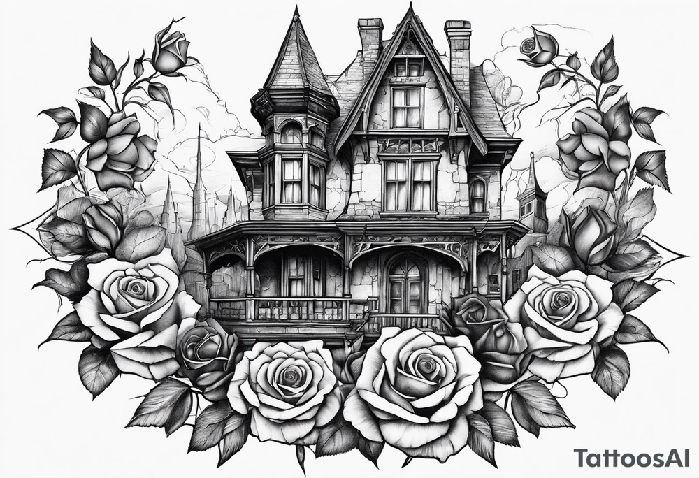 old broken gothic home, broken sword, roses tattoo idea