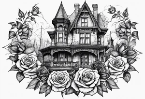 old broken gothic home, broken sword, roses tattoo idea