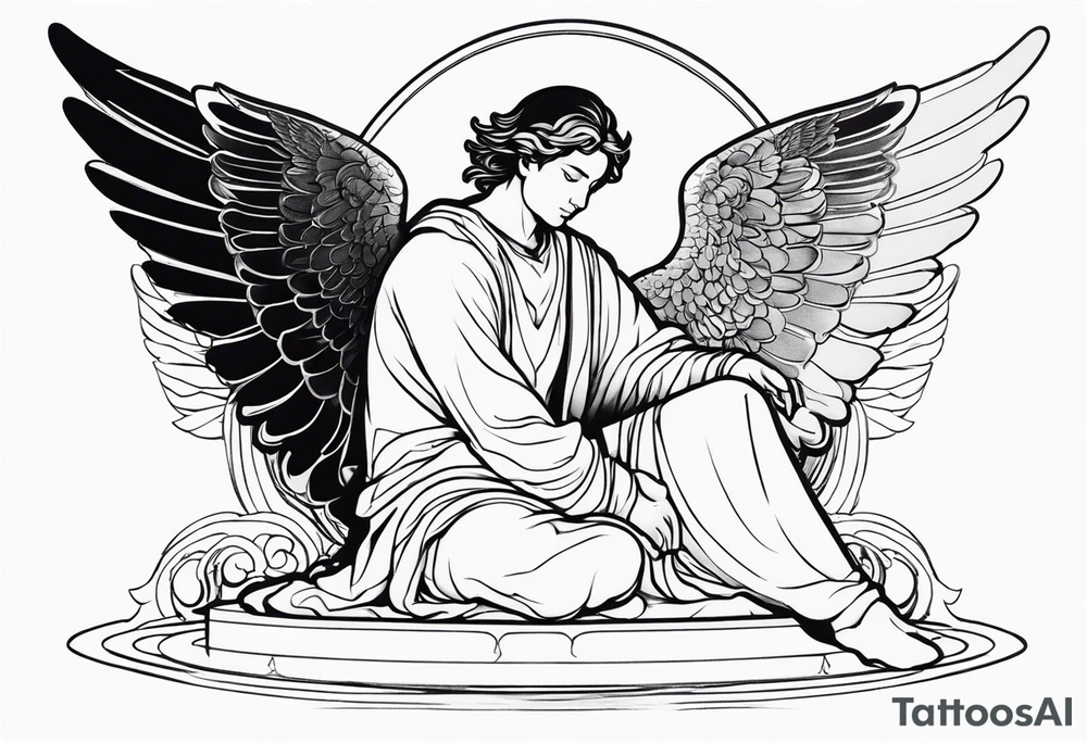 male angel with wings and a halo sitting peacefully casting tattoo idea