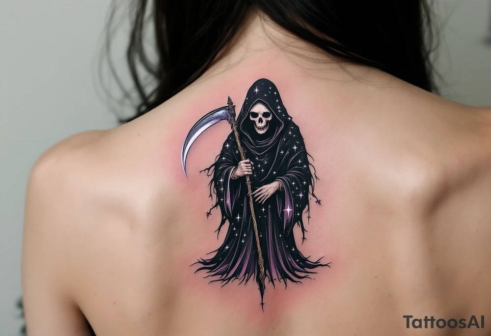 A celestial-themed Reaper with a starry black robe and a scythe glowing with soft white and pastel purple light. tattoo idea