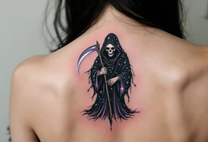 A celestial-themed Reaper with a starry black robe and a scythe glowing with soft white and pastel purple light. tattoo idea