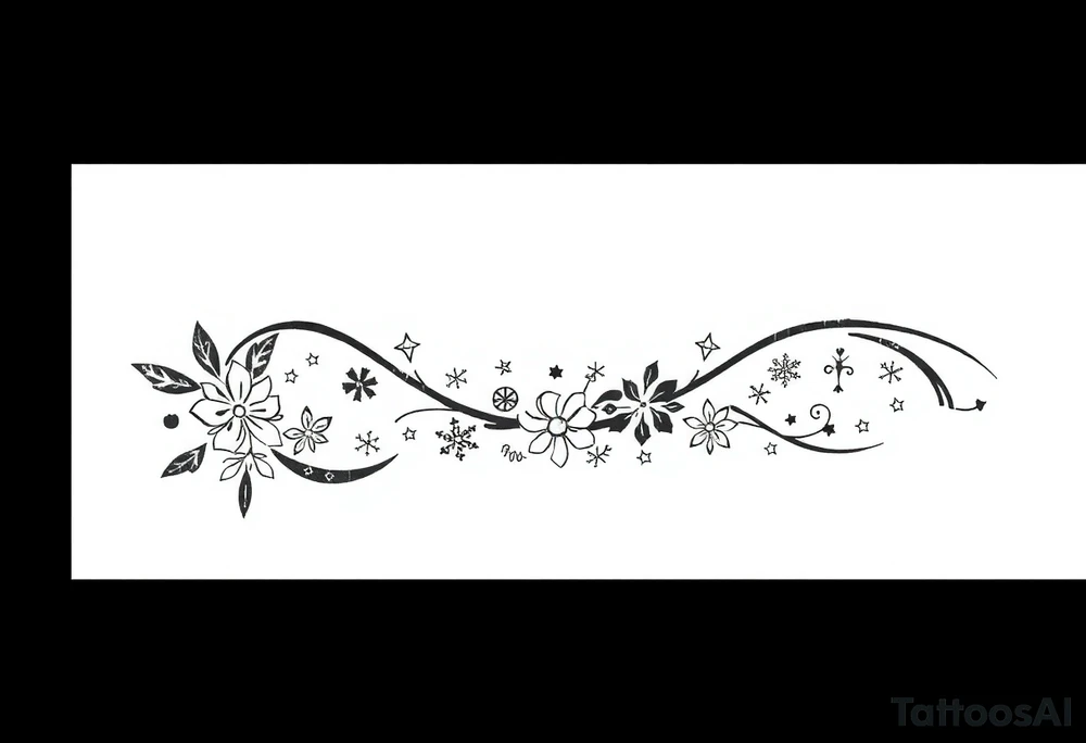 an broad band in shape of an arc filled with tiny floral elements combined with christmas elements and winter symbols like snow flakes, stars and similar tattoo idea