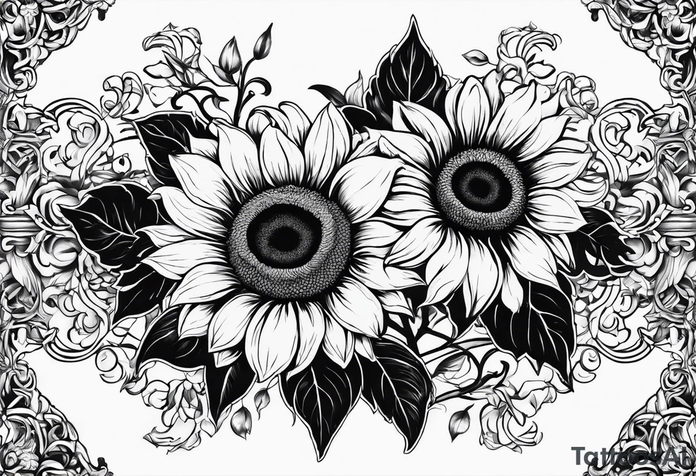 NAJE in edwardian script with symmetrical sunflowers around it tattoo idea