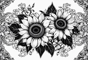 NAJE in edwardian script with symmetrical sunflowers around it tattoo idea