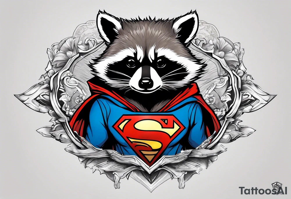 raccoon wearing a Superman hoodie tattoo idea