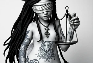 Black Sylph with dreads wearing blind fold and ankh cross pendant with tattoos holding weighing scales with the rose vines surrounding and grey wolf tattoo idea