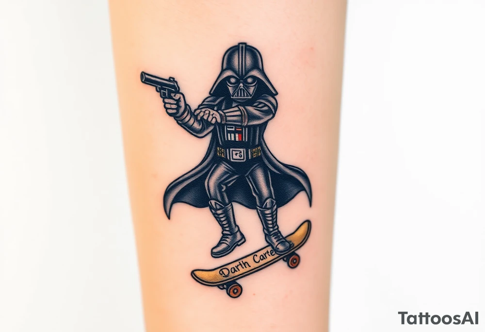 Darth Vader skateboarding with gun> bullets > memorial > god > colors > futuristic/space/star wars
add name "Darth Carter" on skateboard
add date 12/29/88-01/06/24 tattoo idea