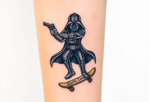 Darth Vader skateboarding with gun> bullets > memorial > god > colors > futuristic/space/star wars
add name "Darth Carter" on skateboard
add date 12/29/88-01/06/24 tattoo idea