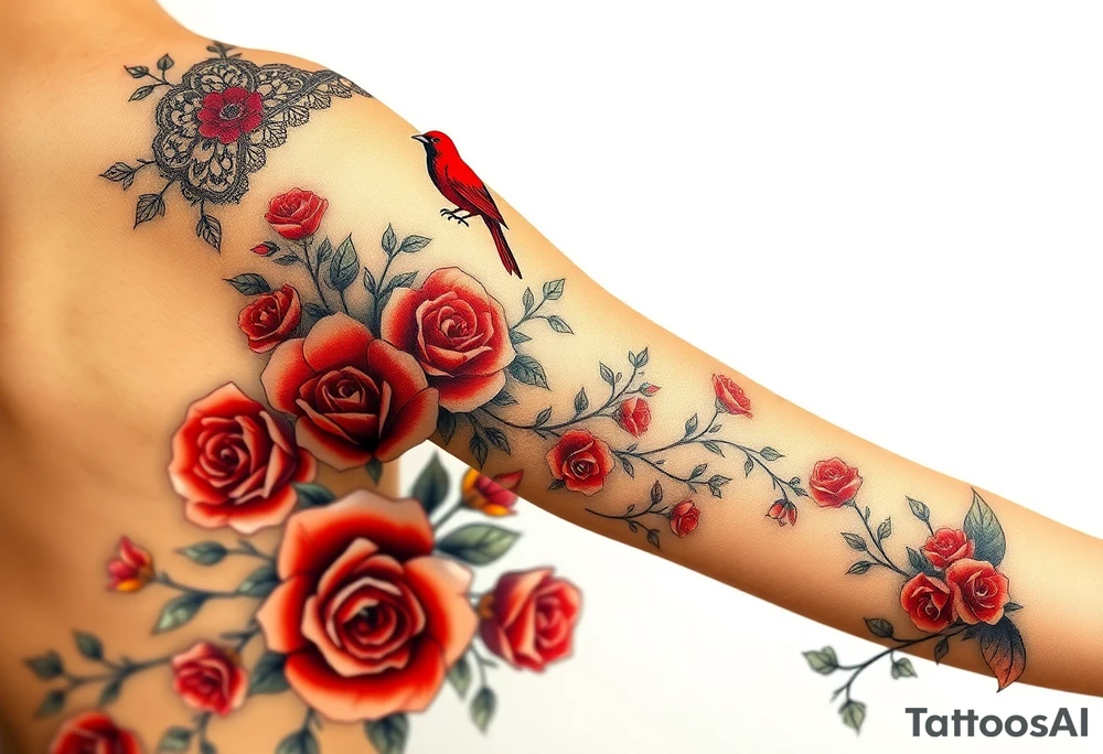 Vintage dollies, red roses, lace, red bird, no people, vintage tattoo idea