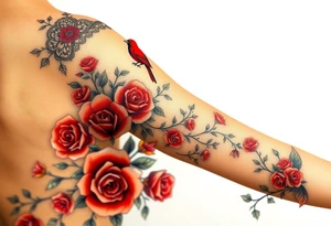 Vintage dollies, red roses, lace, red bird, no people, vintage tattoo idea