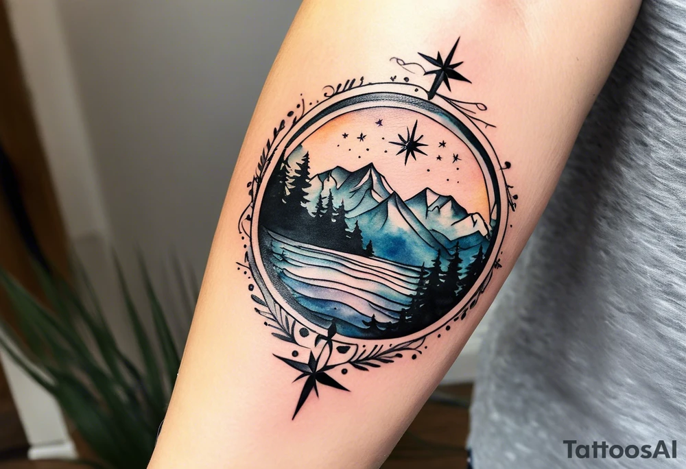 A half sleeve tattoo that features the quote **"Not all who wander are lost"** in elegant script on the outer forearm. Surrounding it are a compass rose and flowing elements like mountains, waves, and trees, symbolizing adventure and nature. Small travel icons like a plane and backpack are interspersed, enhancing the theme of exploration. The design uses a watercolor style with soft colors, creating a cohesive, dynamic look that wraps naturally around your forearm tattoo idea