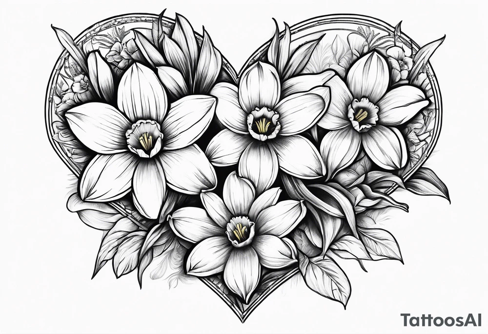 Daffodils in a heart shape with pawprint in center tattoo idea