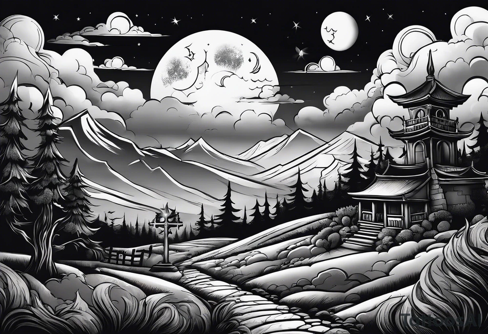 Graveyard with moon and smoke  on hills with clouds tattoo idea