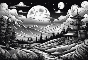 Graveyard with moon and smoke  on hills with clouds tattoo idea