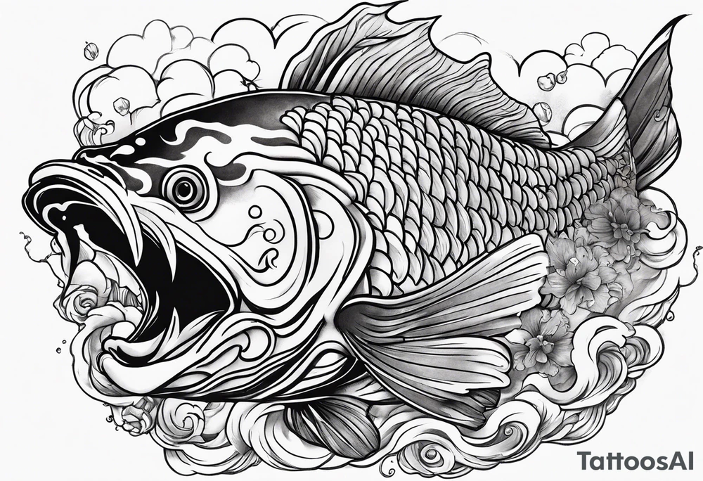 Japanese with karp koi in fond, demon and samouraï first plan with nuage tattoo idea