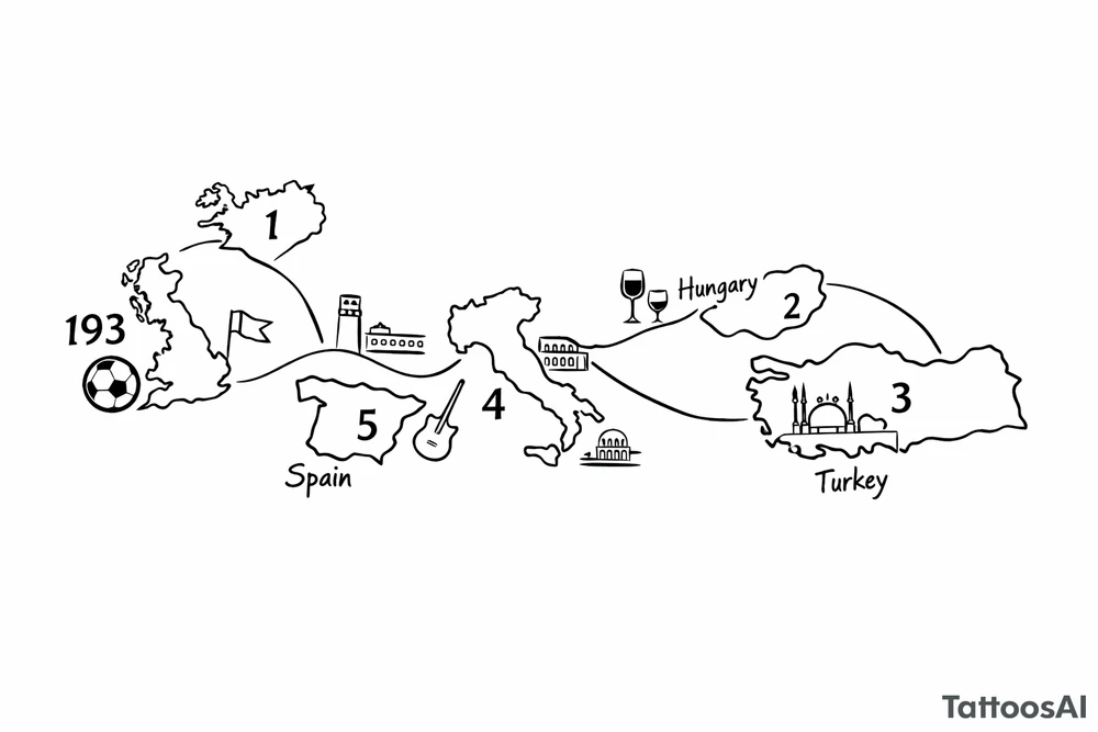 A football journey no crests stars each country on how many times ive played there
A fine-line world map or stylized route connecting Iceland ➔ Italy ➔ Spain ➔ Turkey ➔ Hungary ➔ France, with minimalist markers for each club.
Starting in uk 193 tattoo idea